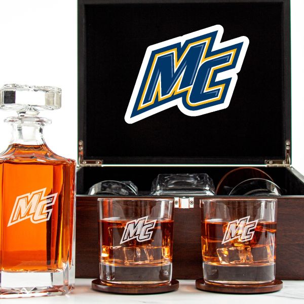 Customized Engraved Dark Brown Wood Box Decanter Set With Rocks Glasses - NCAA Merrimack Warriors