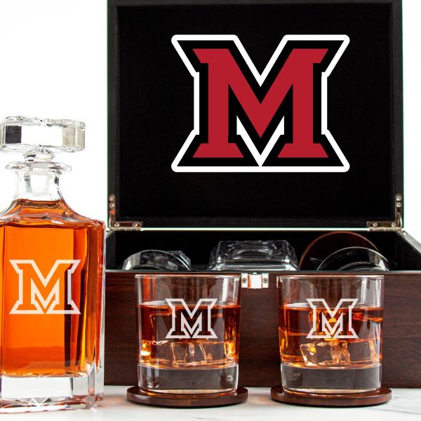 Customized Engraved Dark Brown Wood Box Decanter Set With Rocks Glasses - NCAA Miami University RedHawks