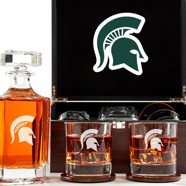 Customized Engraved Dark Brown Wood Box Decanter Set With Rocks Glasses - NCAA Michigan State Spartans