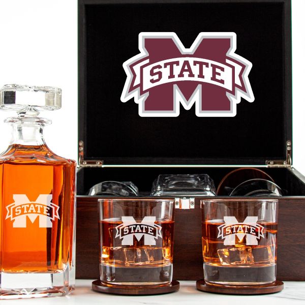Customized Engraved Dark Brown Wood Box Decanter Set With Rocks Glasses - NCAA Mississippi State Bulldogs