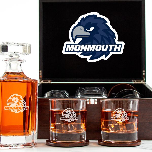 Customized Engraved Dark Brown Wood Box Decanter Set With Rocks Glasses - NCAA Monmouth Hawks