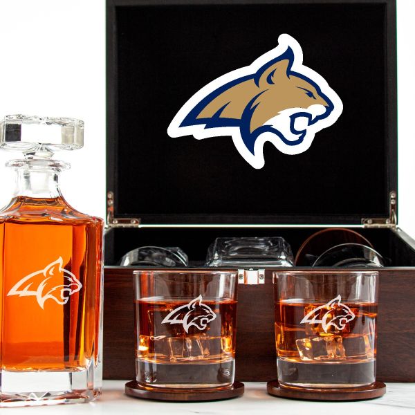 Customized Engraved Dark Brown Wood Box Decanter Set With Rocks Glasses - NCAA Montana State Bobcats