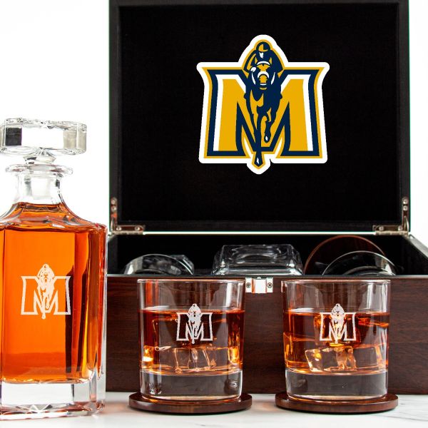 Customized Engraved Dark Brown Wood Box Decanter Set With Rocks Glasses - NCAA Murray State Racers