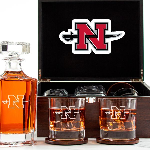 Customized Engraved Dark Brown Wood Box Decanter Set With Rocks Glasses - NCAA Nicholls State University Colonels