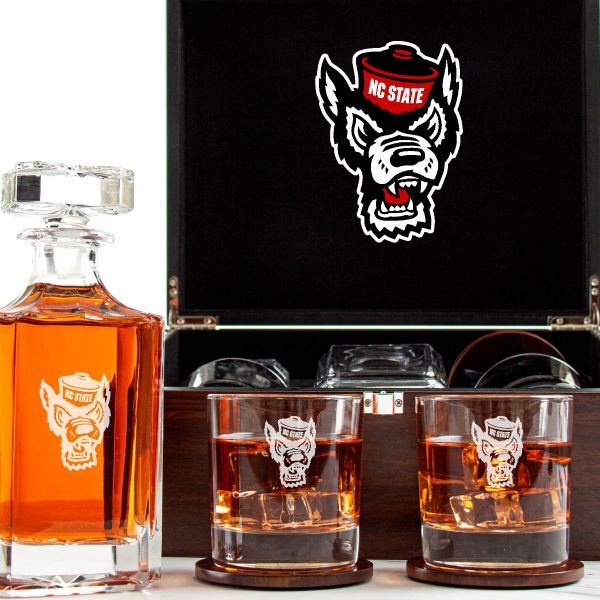 Customized Engraved Dark Brown Wood Box Decanter Set With Rocks Glasses - NCAA NC State Wolfpack