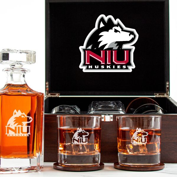 Customized Engraved Dark Brown Wood Box Decanter Set With Rocks Glasses - NCAA Northern Illinois Huskies