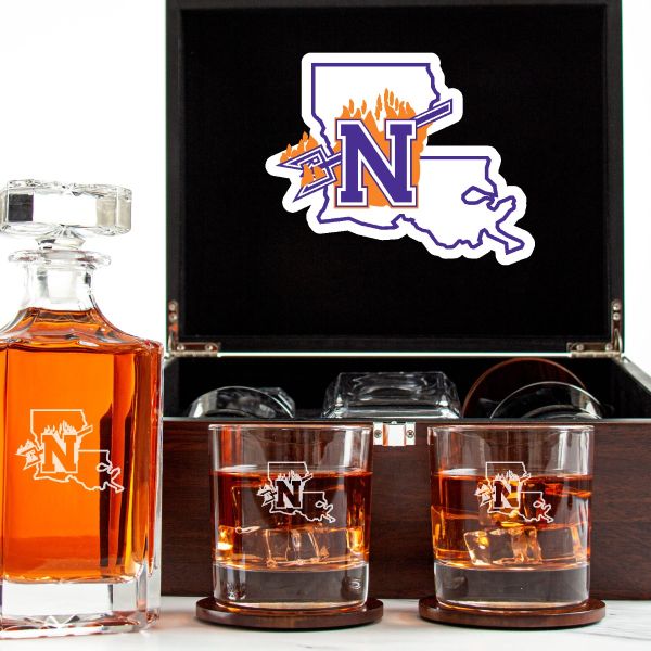 Customized Engraved Dark Brown Wood Box Decanter Set With Rocks Glasses - NCAA Northwestern State Demons