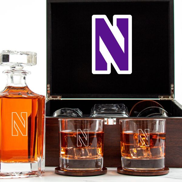 Customized Engraved Dark Brown Wood Box Decanter Set With Rocks Glasses - NCAA Northwestern Wildcats
