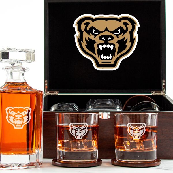 Customized Engraved Dark Brown Wood Box Decanter Set With Rocks Glasses - NCAA Oakland Golden Grizzlies