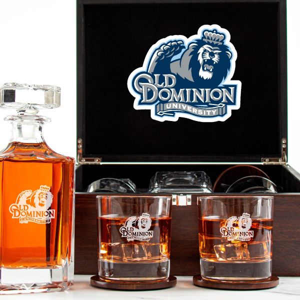 Customized Engraved Dark Brown Wood Box Decanter Set With Rocks Glasses - NCAA Old Dominion Monarchs