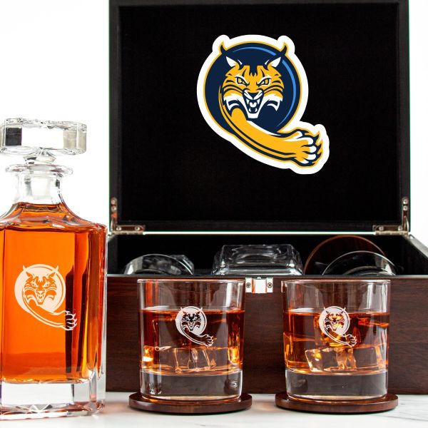 Customized Engraved Dark Brown Wood Box Decanter Set With Rocks Glasses - NCAA Quinnipiac Bobcats