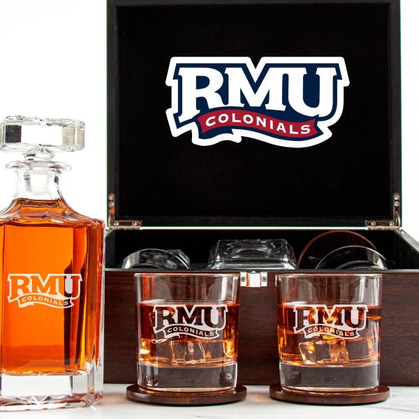 Customized Engraved Dark Brown Wood Box Decanter Set With Rocks Glasses - NCAA Robert Morris Colonials