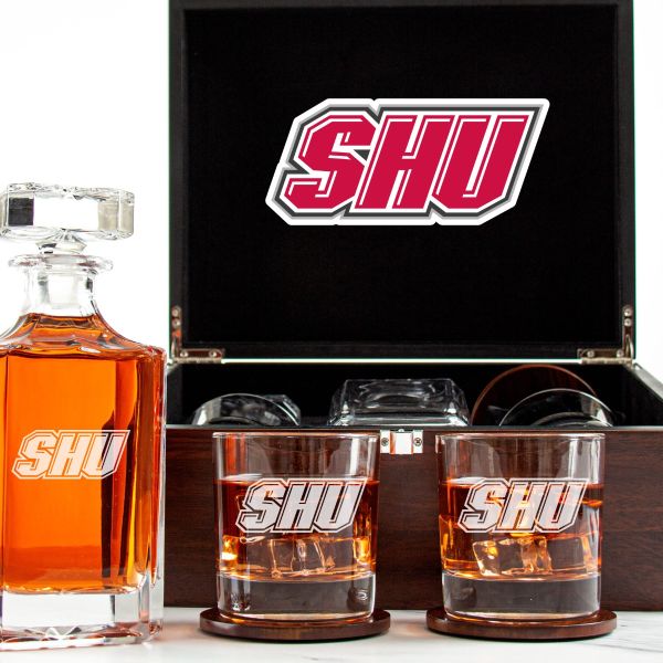 Customized Engraved Dark Brown Wood Box Decanter Set With Rocks Glasses - NCAA Sacred Heart Pioneers