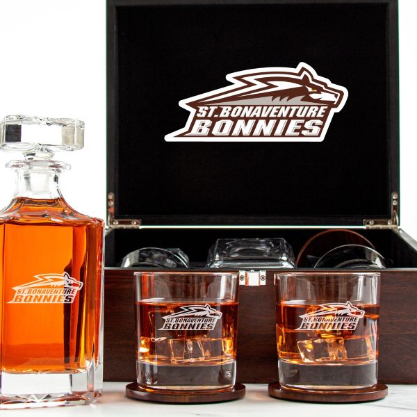Customized Engraved Dark Brown Wood Box Decanter Set With Rocks Glasses - NCAA St. Bonaventure Bonnies