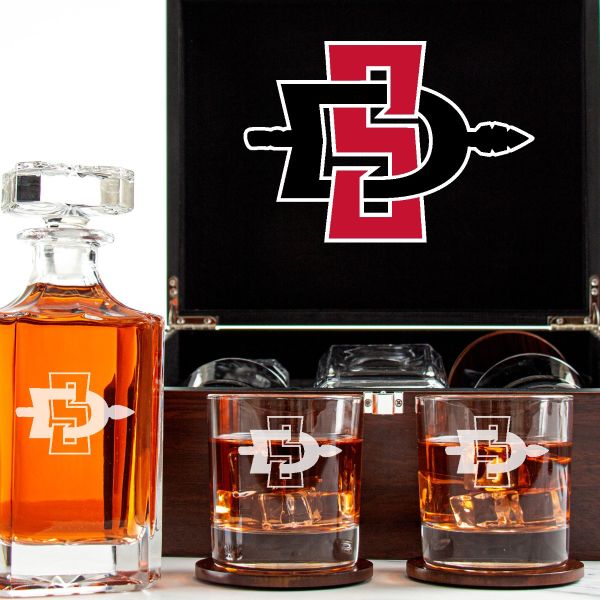 Customized Engraved Dark Brown Wood Box Decanter Set With Rocks Glasses - NCAA San Diego State Aztecs