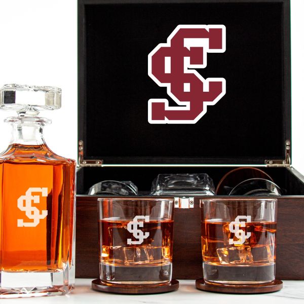 Customized Engraved Dark Brown Wood Box Decanter Set With Rocks Glasses - NCAA Santa Clara Broncos