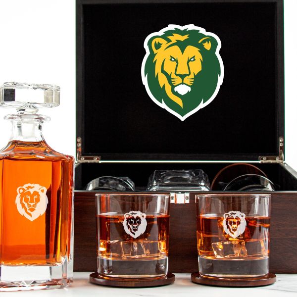 Customized Engraved Dark Brown Wood Box Decanter Set With Rocks Glasses - NCAA Southeastern Louisiana Lions