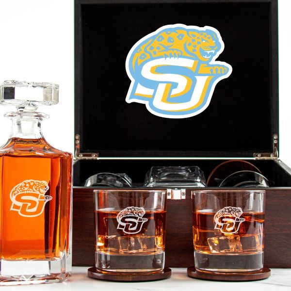 Customized Engraved Dark Brown Wood Box Decanter Set With Rocks Glasses - NCAA Southern Jaguars