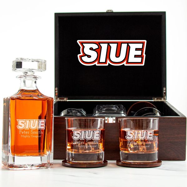 Customized Engraved Dark Brown Wood Box Decanter Set With Rocks Glasses - NCAA SIU Edwardsville Cougars