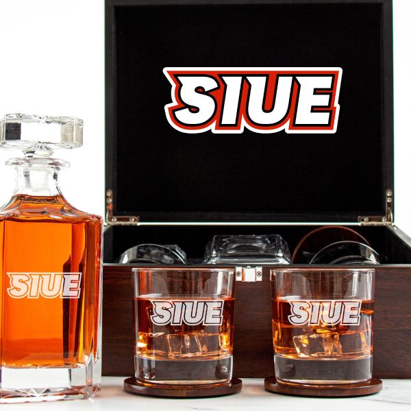 Customized Engraved Dark Brown Wood Box Decanter Set With Rocks Glasses - NCAA SIU Edwardsville Cougars