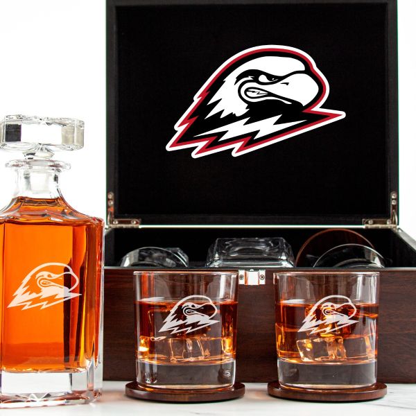 Customized Engraved Dark Brown Wood Box Decanter Set With Rocks Glasses - NCAA Southern Utah Thunderbirds
