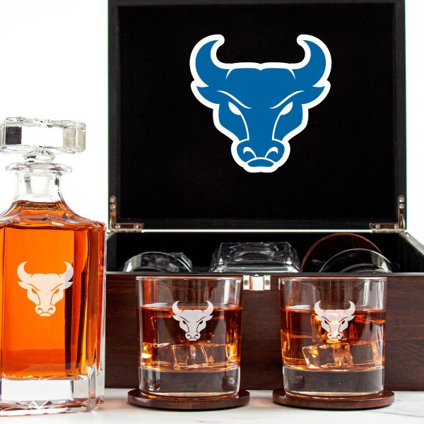 Customized Engraved Dark Brown Wood Box Decanter Set With Rocks Glasses - NCAA Buffalo Bulls