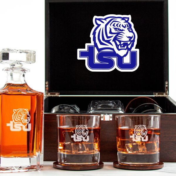 Customized Engraved Dark Brown Wood Box Decanter Set With Rocks Glasses - NCAA Tennessee State Tigers