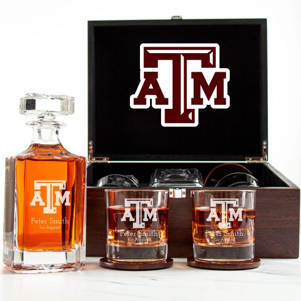 Customized Engraved Dark Brown Wood Box Decanter Set With Rocks Glasses - NCAA Texas A&M Aggies