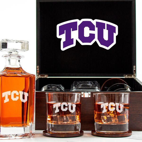 Customized Engraved Dark Brown Wood Box Decanter Set With Rocks Glasses - NCAA Texas Christian University Horned Frogs