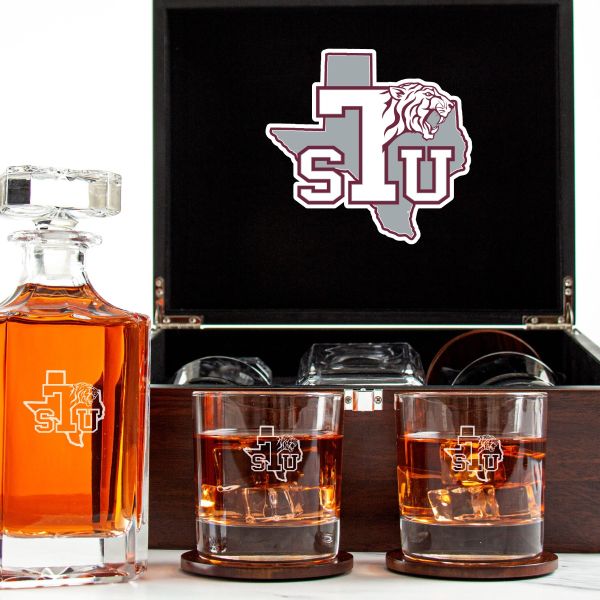 Customized Engraved Dark Brown Wood Box Decanter Set With Rocks Glasses - NCAA Texas Southern Tigers