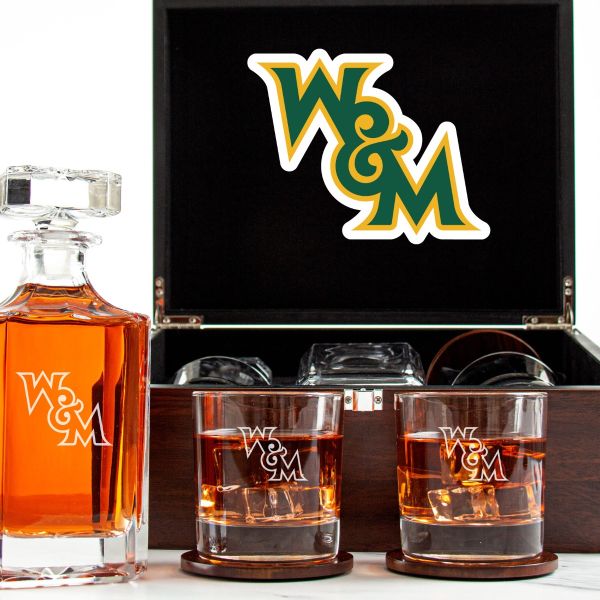 Customized Engraved Dark Brown Wood Box Decanter Set With Rocks Glasses - NCAA William & Mary Tribe