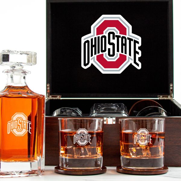 Customized Engraved Dark Brown Wood Box Decanter Set With Rocks Glasses - NCAA Ohio State Buckeyes