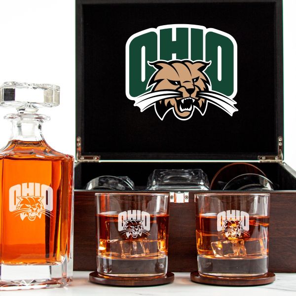 Customized Engraved Dark Brown Wood Box Decanter Set With Rocks Glasses - NCAA Ohio Bobcats