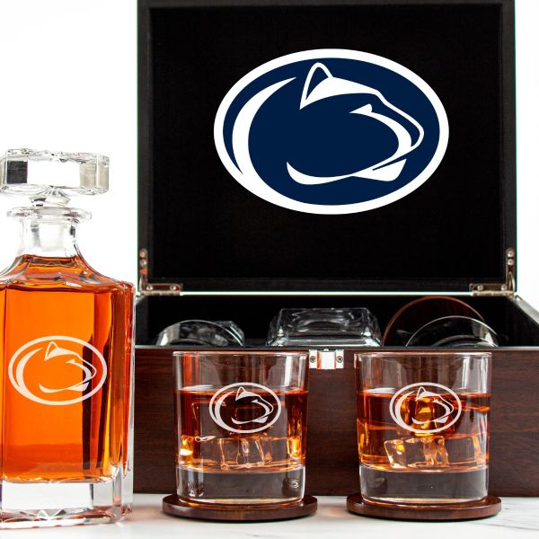 Customized Engraved Dark Brown Wood Box Decanter Set With Rocks Glasses - NCAA Penn State Nittany Lions