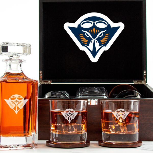 Customized Engraved Dark Brown Wood Box Decanter Set With Rocks Glasses - NCAA UT Martin Skyhawks