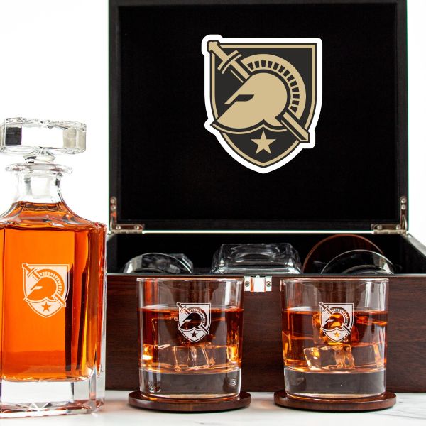 NCAA Army Black Knights - Customized Engraved Dark Brown Wood Box Decanter Set With Rocks Glasses
