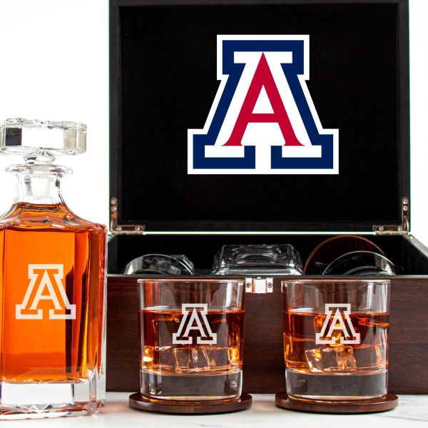 Customized Engraved Dark Brown Wood Box Decanter Set With Rocks Glasses - NCAA Arizona Wildcats