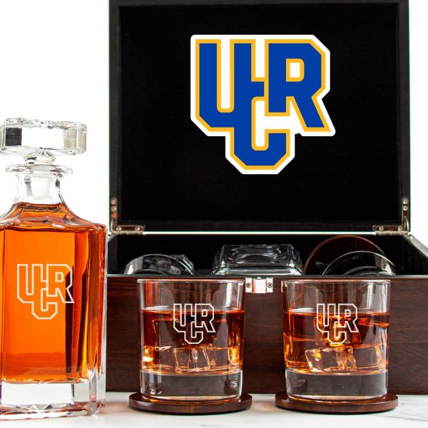 Customized Engraved Dark Brown Wood Box Decanter Set With Rocks Glasses - NCAA UC Riverside Highlanders