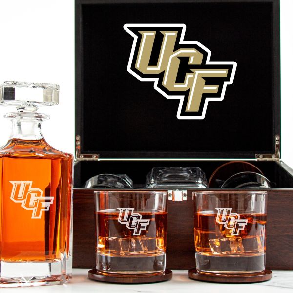 Customized Engraved Dark Brown Wood Box Decanter Set With Rocks Glasses - NCAA UCF Knights