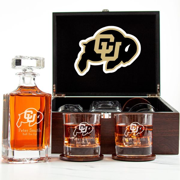 NCAA Colorado Buffaloes - Customized Engraved Dark Brown Wood Box Decanter Set With Rocks Glasses