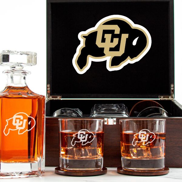 NCAA Colorado Buffaloes - Customized Engraved Dark Brown Wood Box Decanter Set With Rocks Glasses