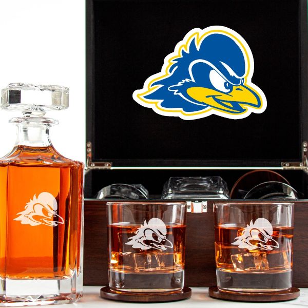NCAA Delaware Fightin' Blue Hens - Customized Engraved Dark Brown Wood Box Decanter Set With Rocks Glasses