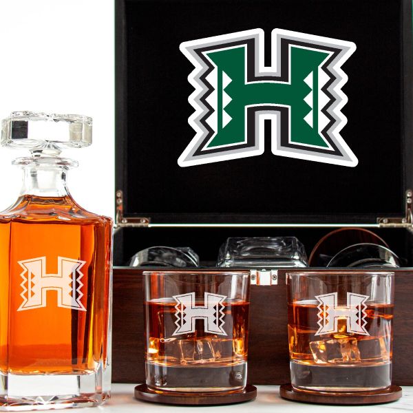 Customized Engraved Dark Brown Wood Box Decanter Set With Rocks Glasses - NCAA Hawaii Rainbow Warriors