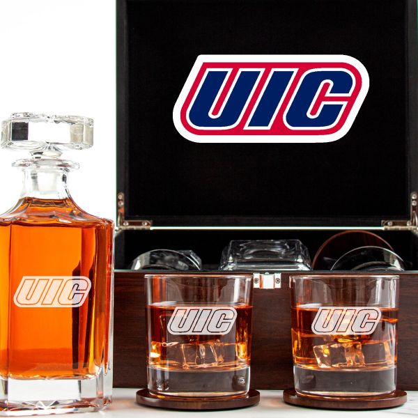 Customized Engraved Dark Brown Wood Box Decanter Set With Rocks Glasses - NCAA UIC Flames