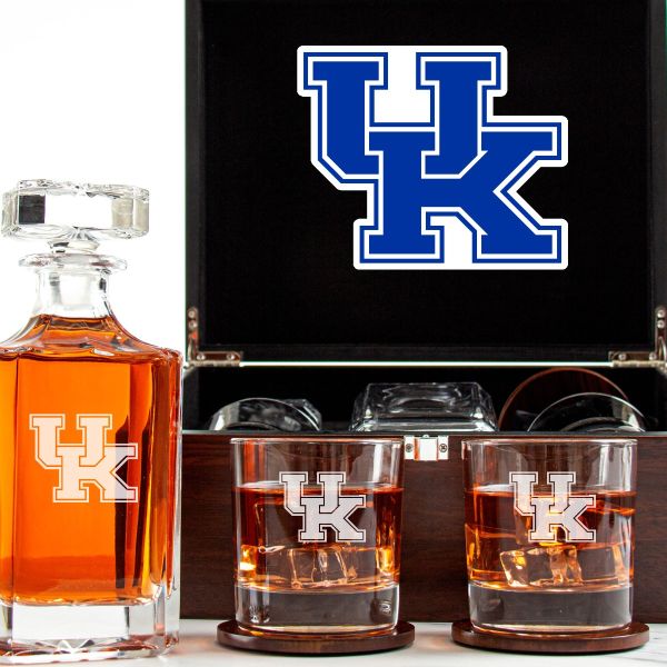 Customized Engraved Dark Brown Wood Box Decanter Set With Rocks Glasses - NCAA Kentucky Wildcats