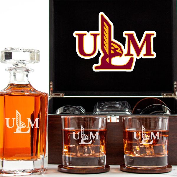Customized Engraved Dark Brown Wood Box Decanter Set With Rocks Glasses - NCAA Louisiana–Monroe Warhawks