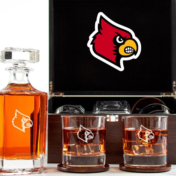 Customized Engraved Dark Brown Wood Box Decanter Set With Rocks Glasses - NCAA Louisville Cardinals
