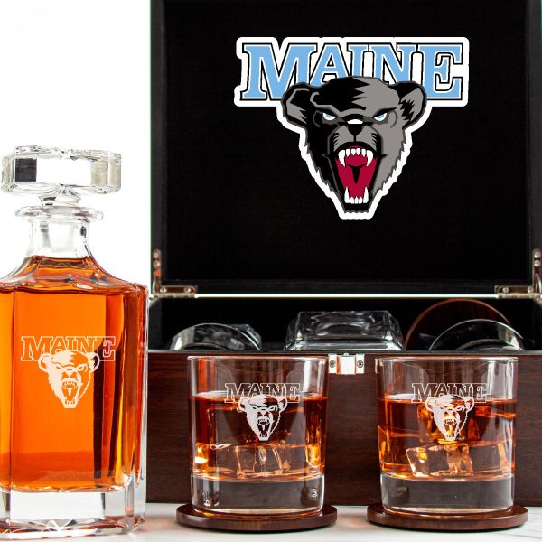 Customized Engraved Dark Brown Wood Box Decanter Set With Rocks Glasses - NCAA Maine Black Bears