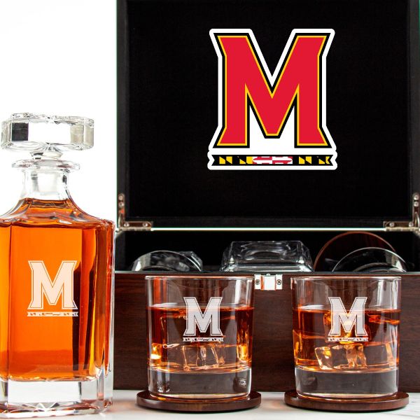 Customized Engraved Dark Brown Wood Box Decanter Set With Rocks Glasses - NCAA Maryland Terrapins