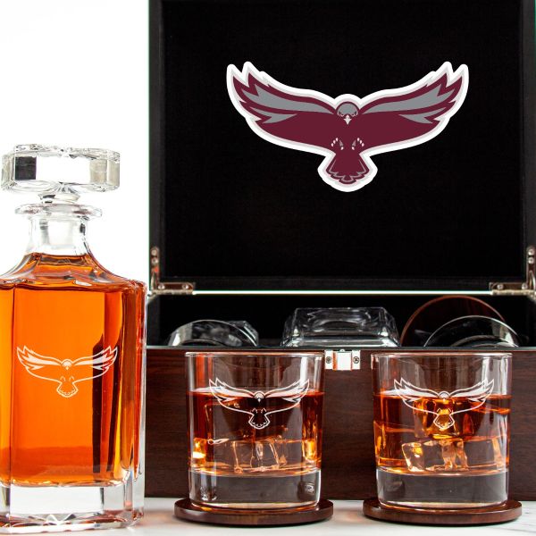 Customized Engraved Dark Brown Wood Box Decanter Set With Rocks Glasses - NCAA Maryland Eastern Shore Hawks